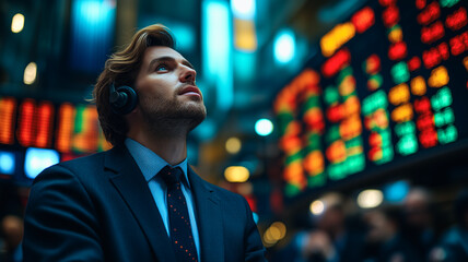 The Stock Market: A young, confident trader stands amidst the vibrant, dynamic glow of stock market displays. He's focused, determined, and ready to navigate the exciting world of finance.