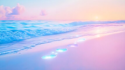 magical sunset beach with glowing flowers - pastel colors
