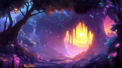 Fototapeta premium Magical Sunset Landscape: Fantasy Forest Cave Scene