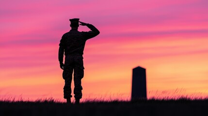 Soldier saluting at sunset military cemetery inspirational image outdoor silhouette honor and respect