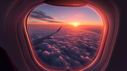 Fototapeta premium Airplane sunset view above the clouds travel photography sky