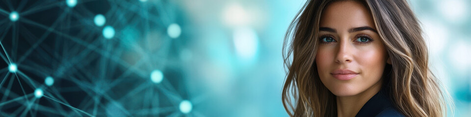 Fototapeta premium professional woman with long hair poses confidently against digital background, symbolizing technology and innovation. Her expression conveys determination and focus