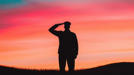 Soldier saluting at sunset outdoor setting inspirational image calm environment side view patriotism concept