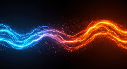 Clash of Elements: A mesmerizing abstract image of blue and orange energy waves colliding against a dark backdrop, evoking a sense of dynamic energy and conflict.  