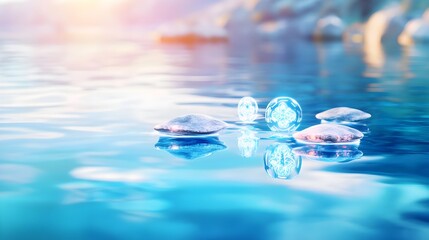 serene stones & glowing orbs on calm water - abstract backgrounds