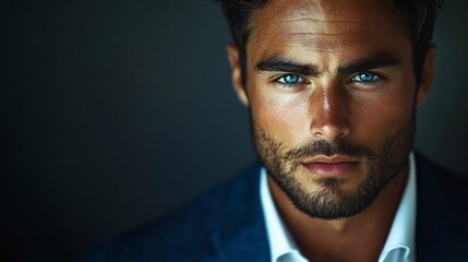 Fototapeta premium Confident man, intense gaze, dark background, portrait, modeling