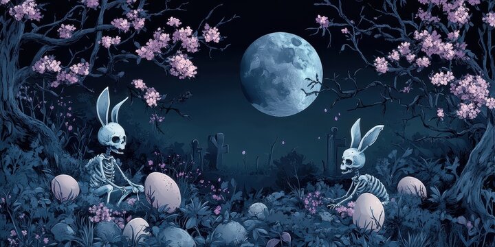 Skeletal Rabbits Amongst Moonlit Cherry Blossoms And Eggs