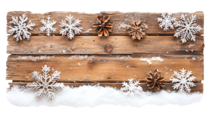 Wooden winter plank with snowflakes creating a festive mood isolated on white background