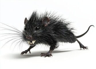 Aggressive Black Rat Displays Sharp Teeth and Bristly Fur on White Background