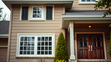 Fototapeta premium Tan-sided house with white-framed windows, dark brown double doors, and a covered entryway. Landscaping includes small evergreen trees.