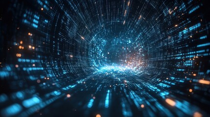 Abstract digital tunnel of glowing data streams. Ideal for tech, AI, and futuristic concepts.