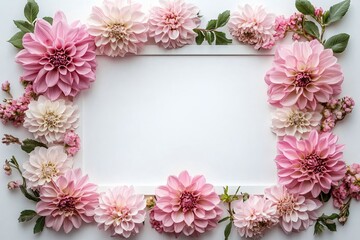 Fototapeta premium An elegant arrangement of soft pink dahlias and pastel flowers in a minimalist frame, perfect for wedding invitations, Valentine's Day cards, or romantic promotions.