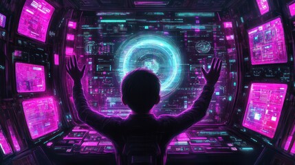 Person engaging in a video call on a laptop, high-tech interface showing chat options and virtual meeting 