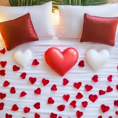 Valentine's Day Cozy Bedroom with Soft White Comforter and Vibrant Red Pillows Creating a Warm Inviting Atmosphere Perfect for Relaxation and Restful Sleep Relaxation