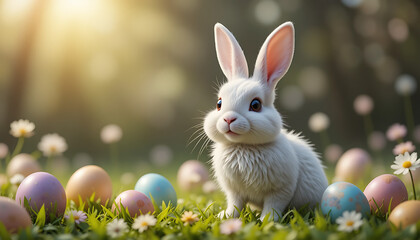 Fototapeta premium Happy Easter Bunny with many colorful easter eggs. Generative AI.