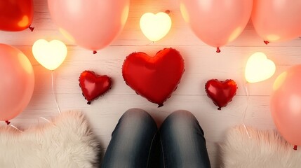 Valentine's Day Joyful Woman Surrounded by Colorful Balloons Sitting on Luxurious White Fur Rug Creating a Playful and Whimsical Atmosphere of Celebration Relaxation
