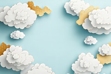 Artistic paper clouds on a serene blue background with golden accents.