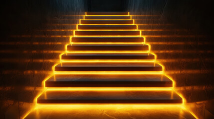 Futuristic stairs illuminated by warm yellow light create dramatic atmosphere. glowing edges enhance modern design, inviting exploration and curiosity