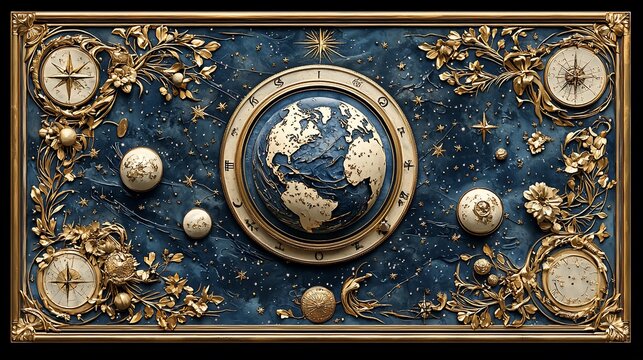 Celestial globe surrounded by ornate gold details on a dark blue background.