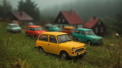 Vintage Toy Cars in a Misty Landscape