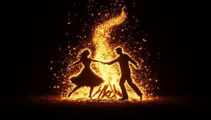Fiery Dance: A Couple's Silhouette Illuminated by a Bonfire's Magical Embers