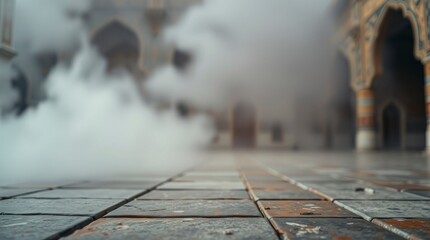 Obraz premium Overhead bird’s-eye view of a warm golden glow on a canvas texture background with an Islamic pattern, vintage gray-brown rusty patchwork tiles, and a stone concrete cement wall. Radiant, luxurious