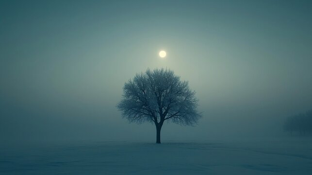 Solitary frost-covered tree in foggy winter landscape under a bright moon.