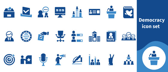 Democracy icon set, speech, democracy, people, set, election, hand, vector, government, outline, isolated, line, symbol, president and more.