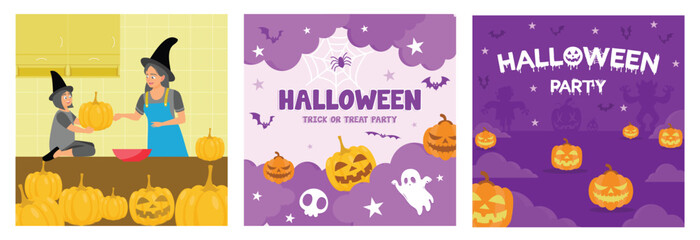 Festive Halloween party banner with spooky pumpkins, spider webs, ghosts and bats.