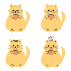  Cute nice lovely cat with a cup of tea or coffee cartoon character on white background vector illustration