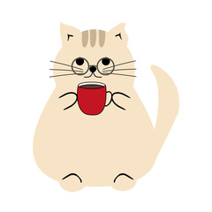  Cute nice lovely cat with a cup of tea or coffee cartoon character on white background vector illustration