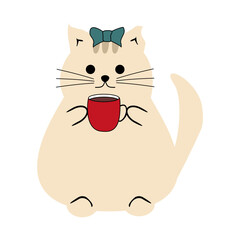  Cute nice lovely cat with a cup of tea or coffee cartoon character on white background vector illustration