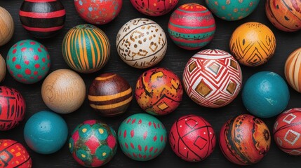 Fototapeta premium Colorful hand-painted decorative balls artisan market crafts vibrant atmosphere top-down view cultural artistry