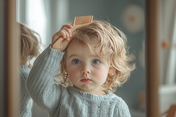  child learns how to comb their hair while standing in front of a mirror with the help