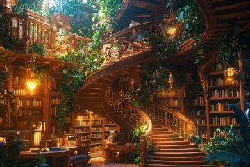 Obraz premium Enchanting Indoor Garden Library with Spiral Staircase and Cozy Reading Nook