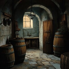 Medieval Wine Cellar: Aged Barrels and Stone Walls