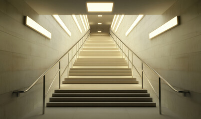 Obraz premium photorealistic image of simple straight staircase illuminated by soft lights, creating serene and inviting atmosphere. clean lines and modern design enhance overall aesthetic appeal