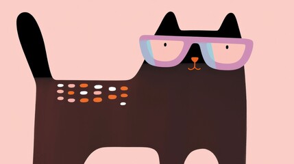A chubby plump black cat adorably wearing a pair of reflective stylish glasses set against a dark neon colored background in this quirky whimsical digital