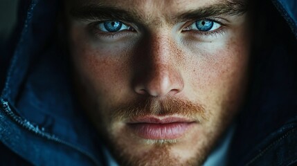 Close-up portrait, man, intense gaze, hooded jacket. Stock photo