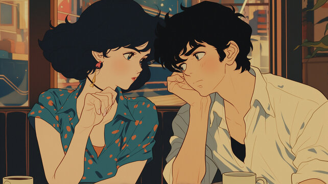 男女の若いカップルがデートを楽しんでいる様子を描いた日本の古き良きアニメイラスト。挿絵やアイキャッチに最適な素材。