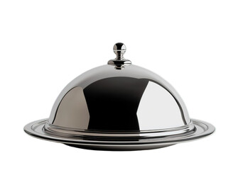 Obraz premium A 3D render of an open cloche revealing a shiny stainless steel plate