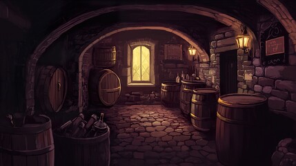 A dimly lit wine cellar with stone walls and wooden barrels