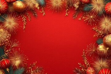 Festive holiday background with red and gold decorations, perfect for seasonal greetings.