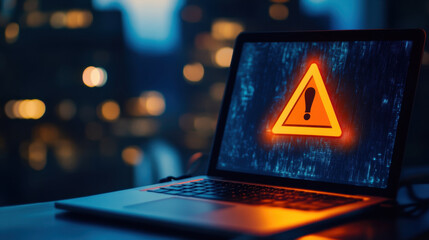 Warning sign on laptop screen with blue and orange color scheme, indicating potential issue. blurred city lights in background create dramatic atmosphere