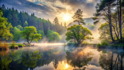 Obraz premium serene misty forest landscape with tranquil lake at sunrise