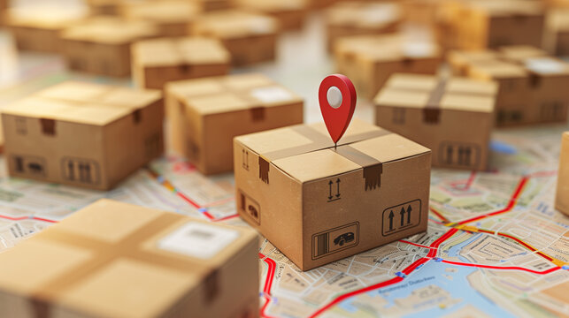 Cardboard delivery boxes placed on a city map with a red location marker symbolizing logistics