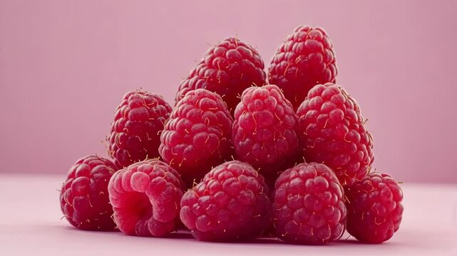 Fresh raspberries piled on a soft pink background showcasing their vibrant color and texture