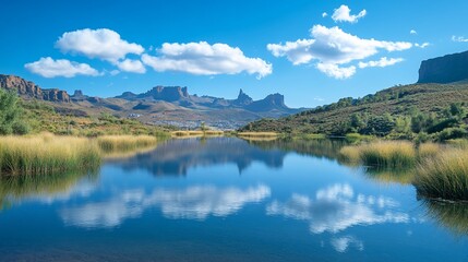Fototapeta premium Calm lake reflecting mountains, sunny day