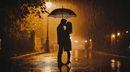 Romantic silhouette of young caucasian couple embracing under umbrella in rainy night scene