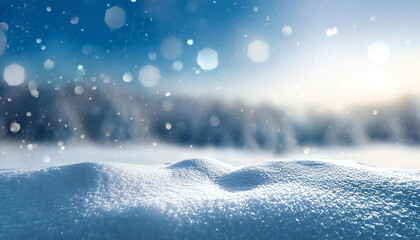 A background of snowy scenery with a blurred effect. Image of a snowy mountain under a blue sky. A background of a ski slope.